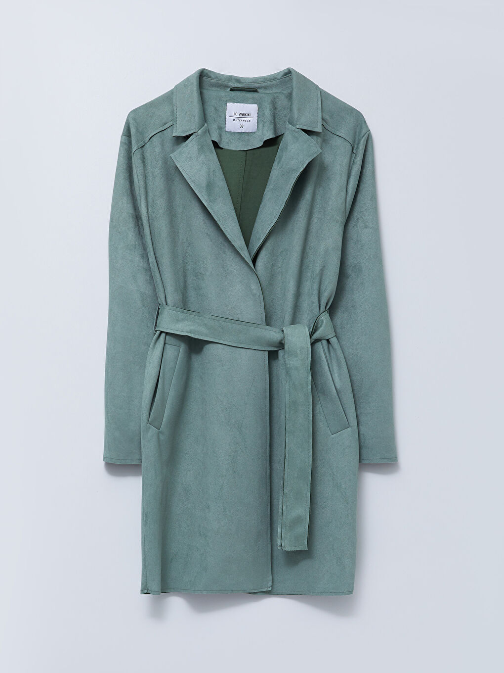 Yeşil Ceket Yaka Düz Uzun Kollu Kadın Trençkot-7