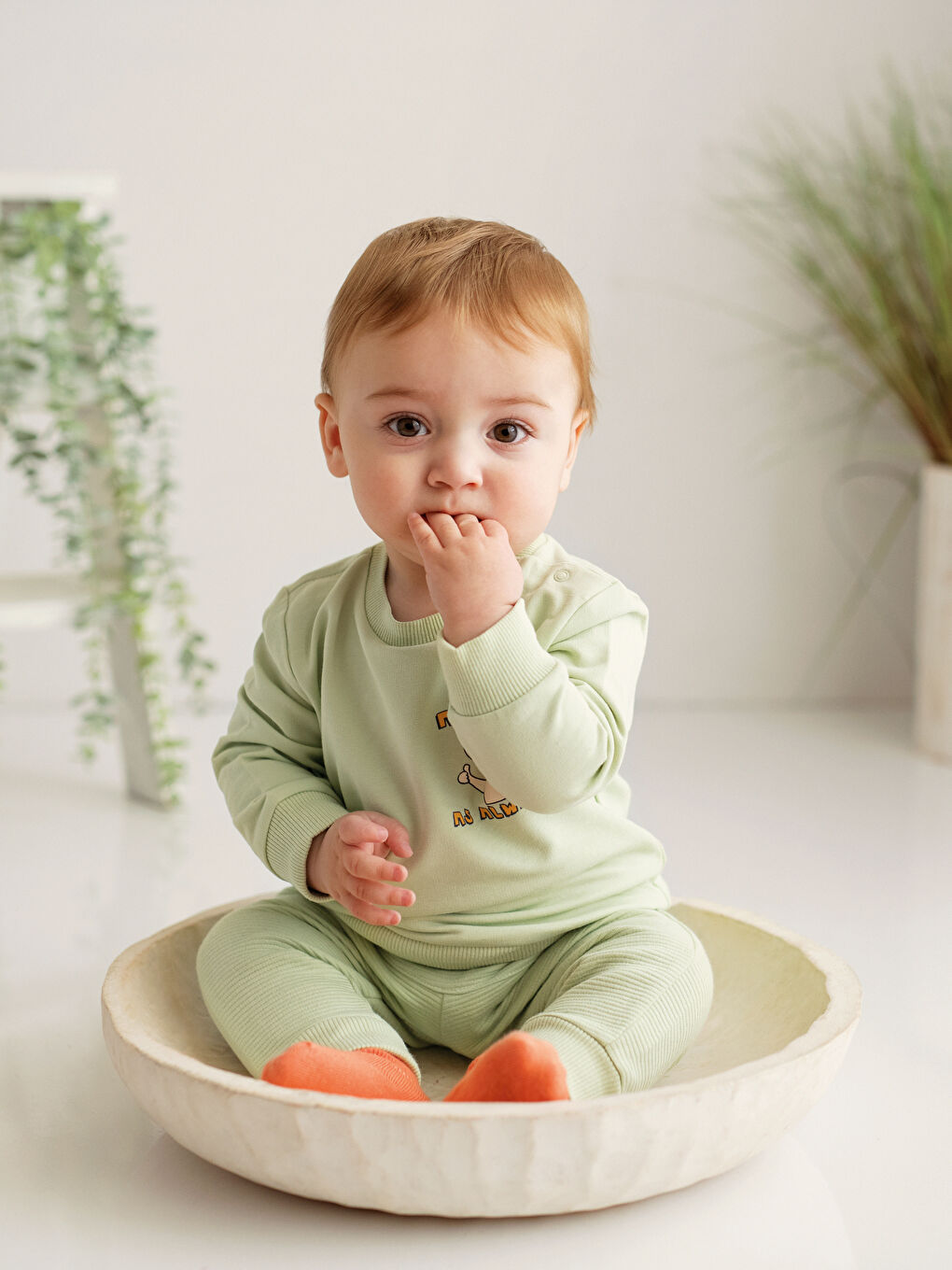 Yeşil Bisiklet Yaka Uzun Kollu Baskılı Erkek Bebek Sweatshirt ve Pantolon 2'li Takım