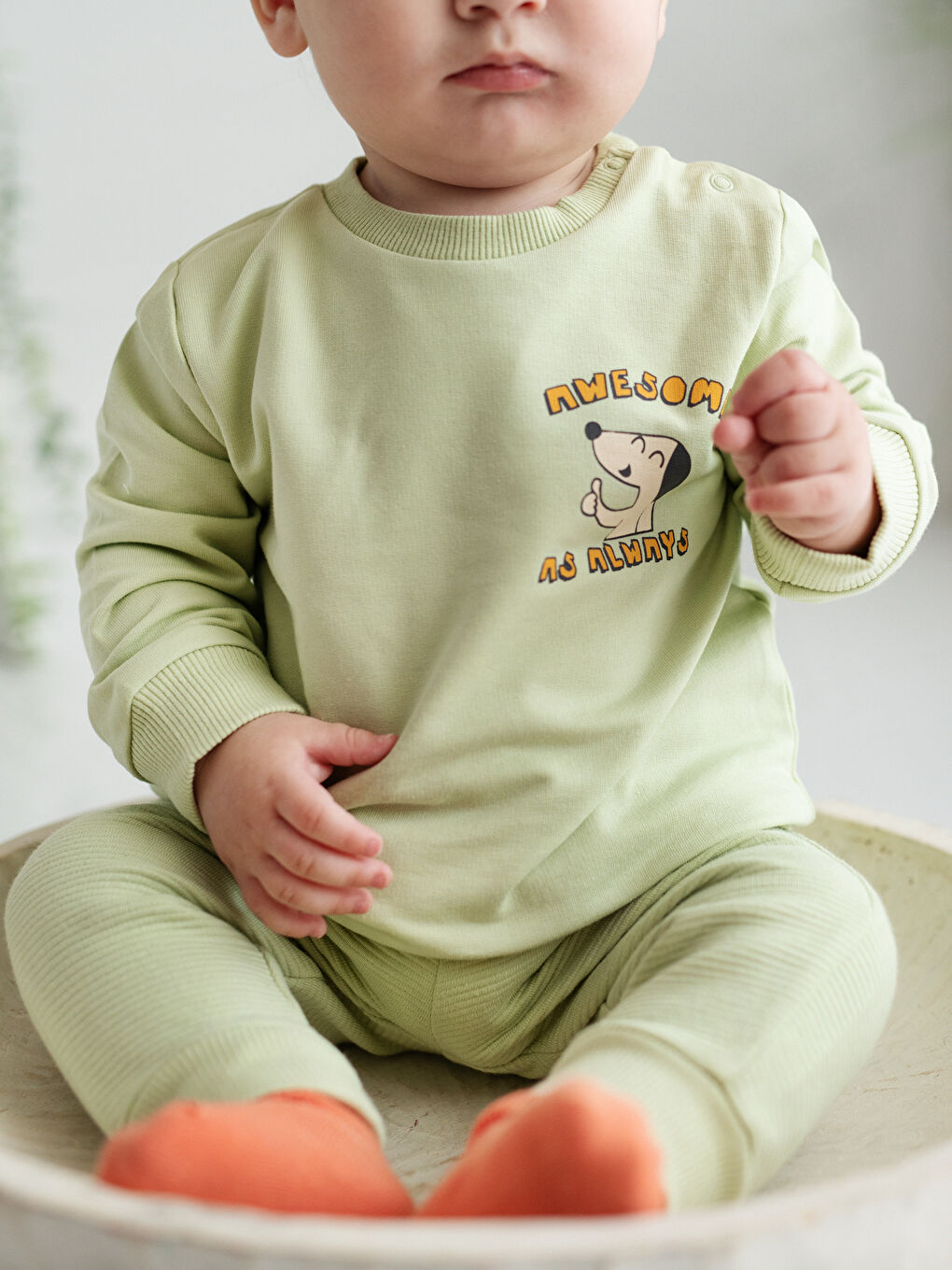 Yeşil Bisiklet Yaka Uzun Kollu Baskılı Erkek Bebek Sweatshirt ve Pantolon 2'li Takım-2