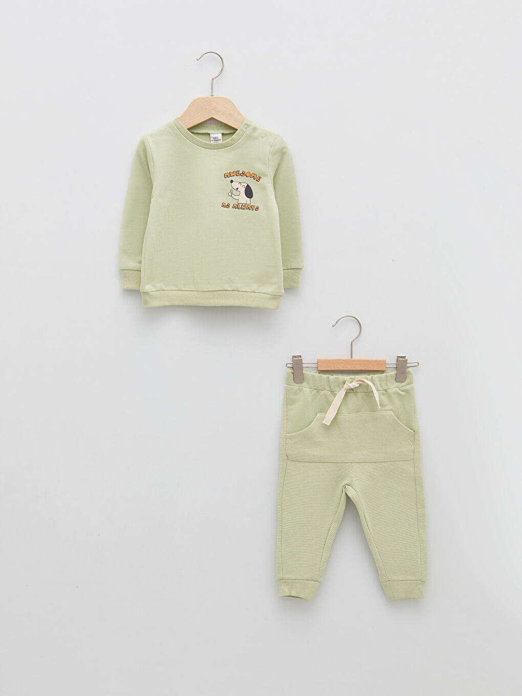 Yeşil Bisiklet Yaka Uzun Kollu Baskılı Erkek Bebek Sweatshirt ve Pantolon 2'li Takım-3