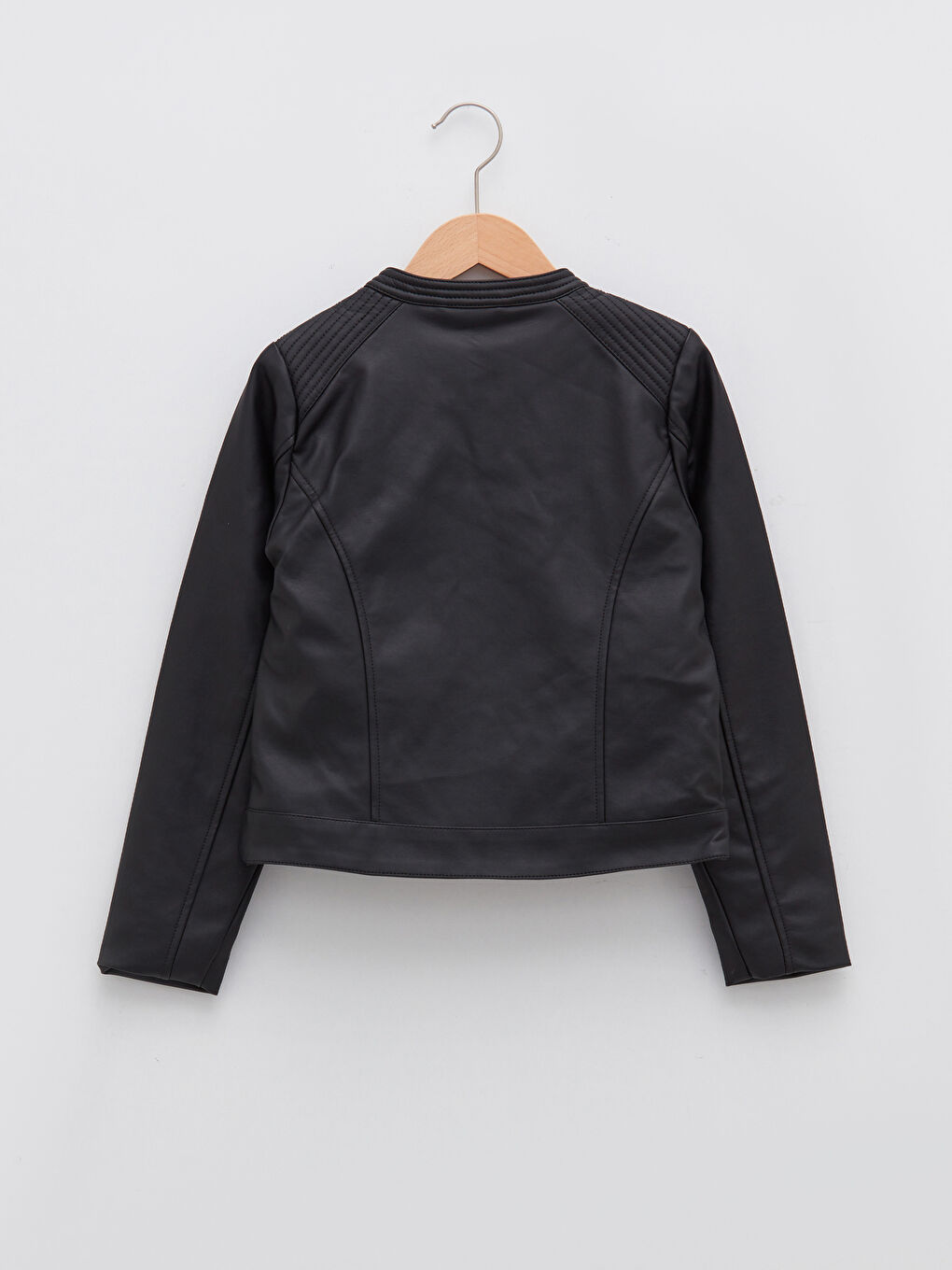 Siyah Bisiklet Yaka Uzun Kollu Kız Çocuk Deri Görünümlü Mont-1