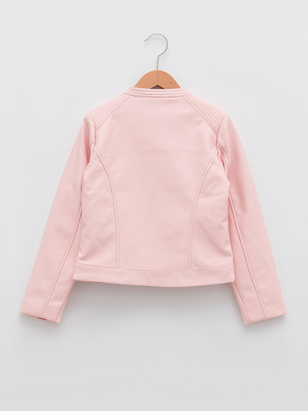 جاكيت جلد صناعي برقبة دائرية وكم طويل للبنات-1