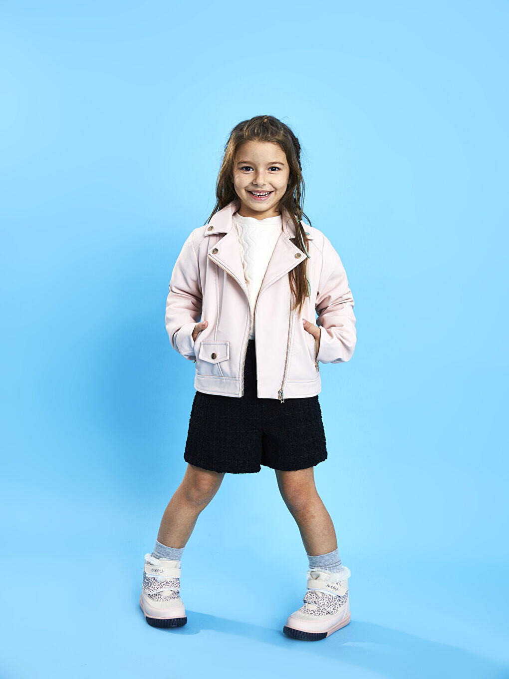 Pembe Gömlek Yaka Deri Görünümlü Kız Çocuk Ceket-1