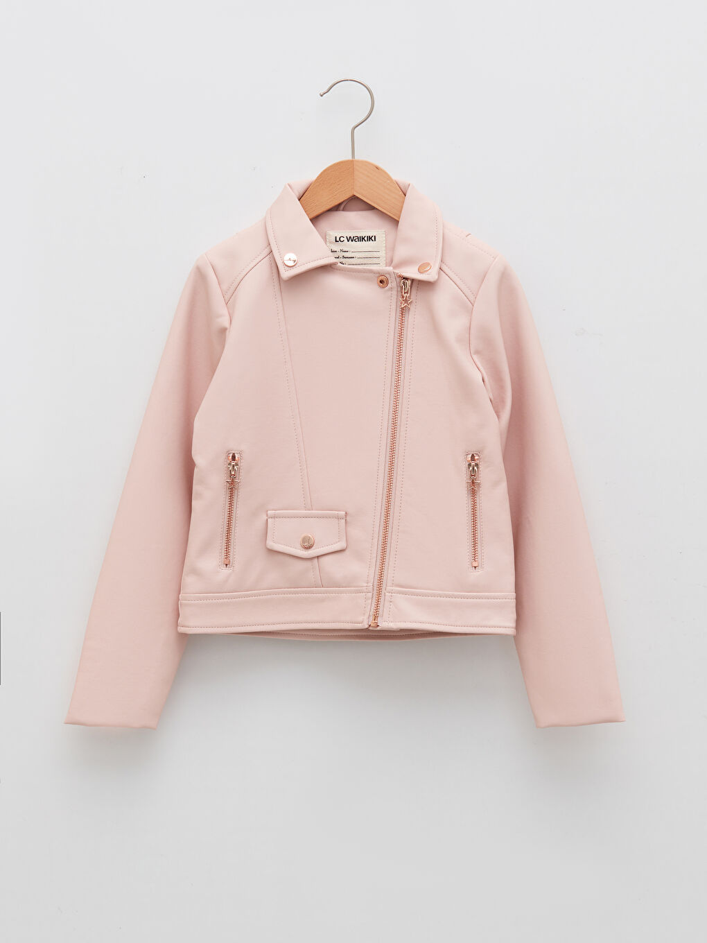 Pembe Gömlek Yaka Deri Görünümlü Kız Çocuk Ceket-2