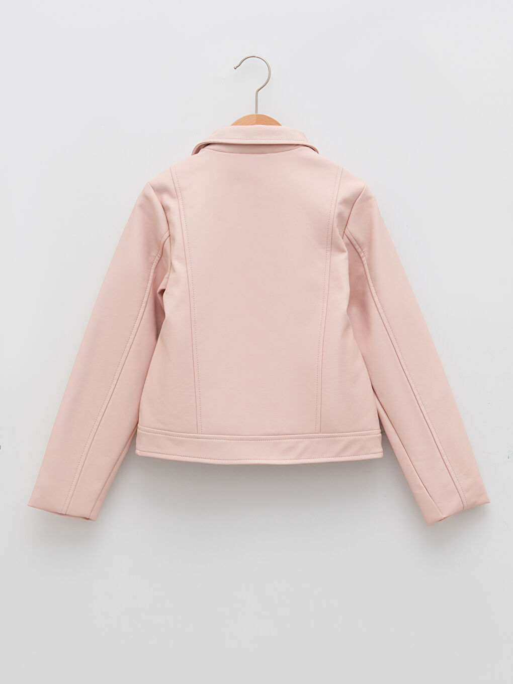 Pembe Gömlek Yaka Deri Görünümlü Kız Çocuk Ceket-3