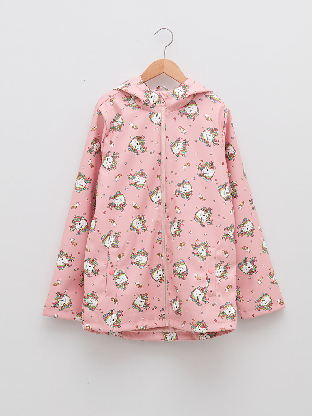 Pembe Kapüşonlu Baskılı Kız Çocuk Mont