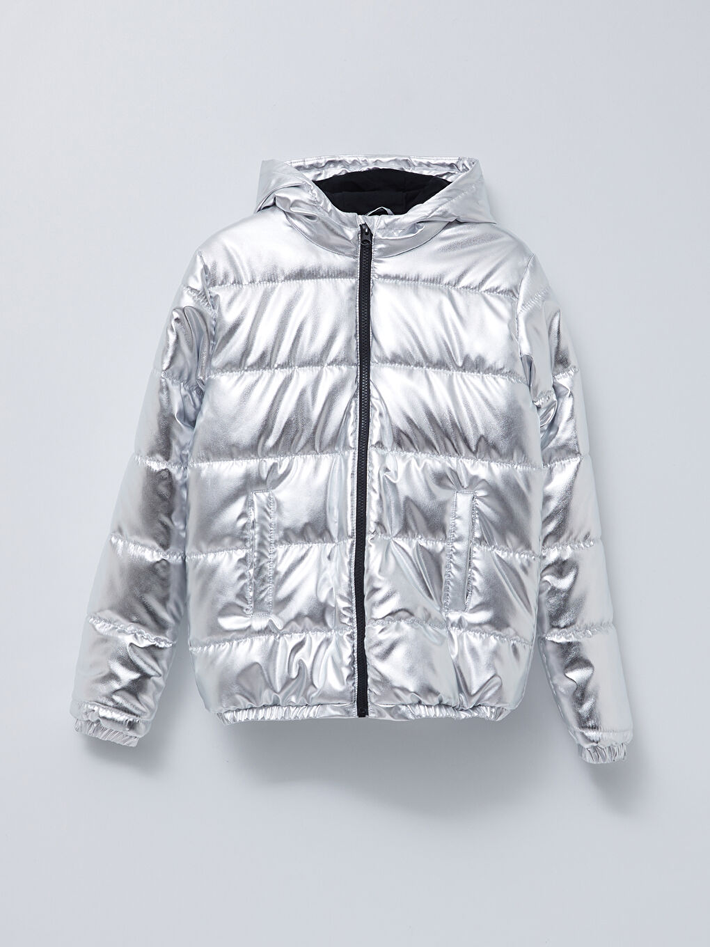 Gri Kapüşonlu Basic Kız Çocuk Şişme Mont