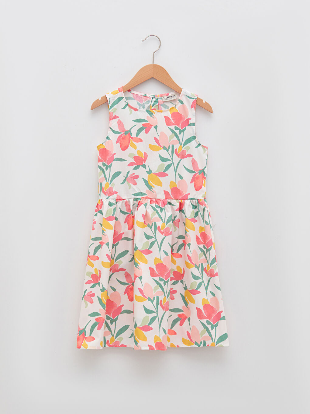 Crew Neck Patterned Poplin Girl Dress