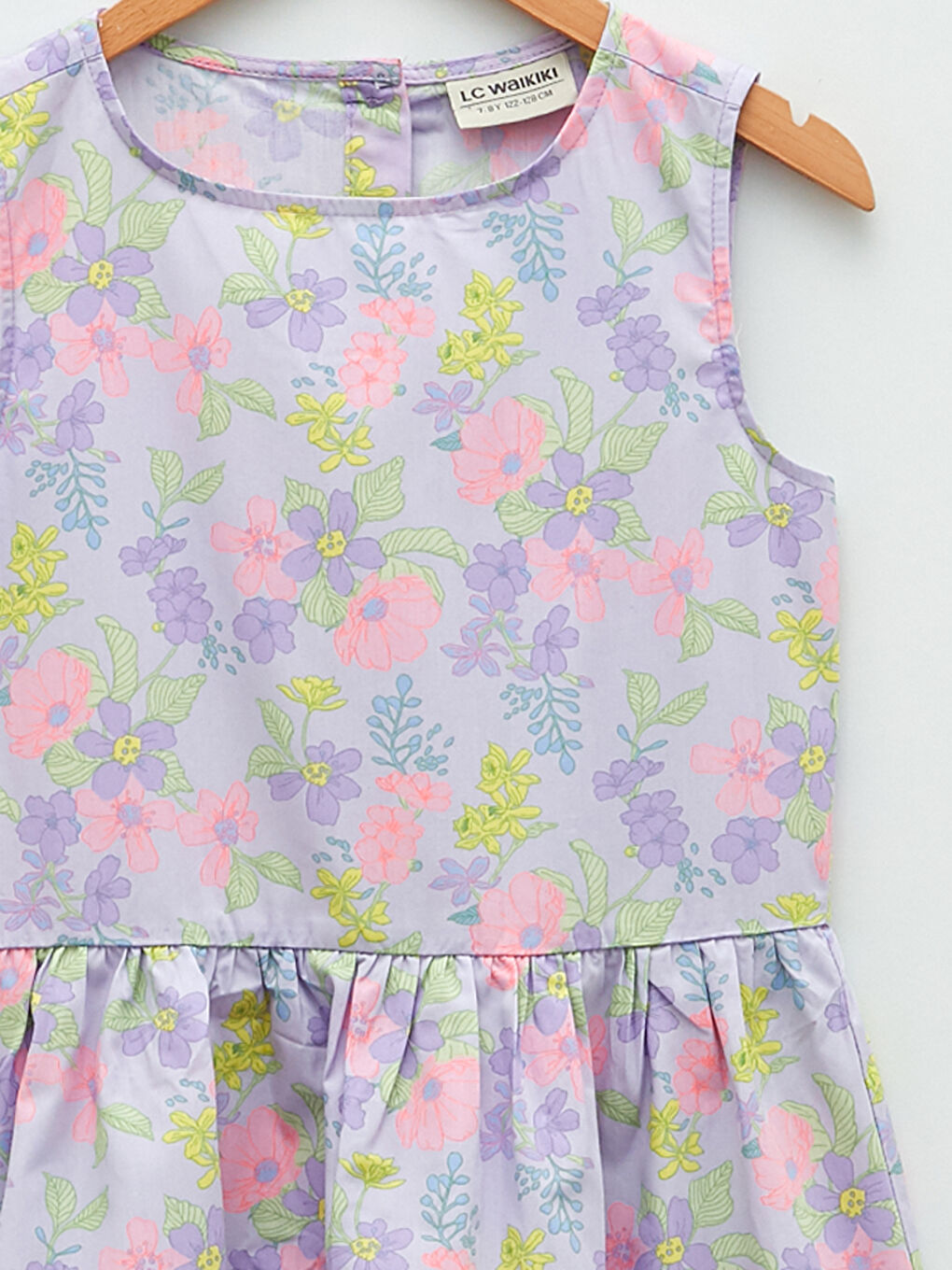 Crew Neck Patterned Poplin Girl Dress-2