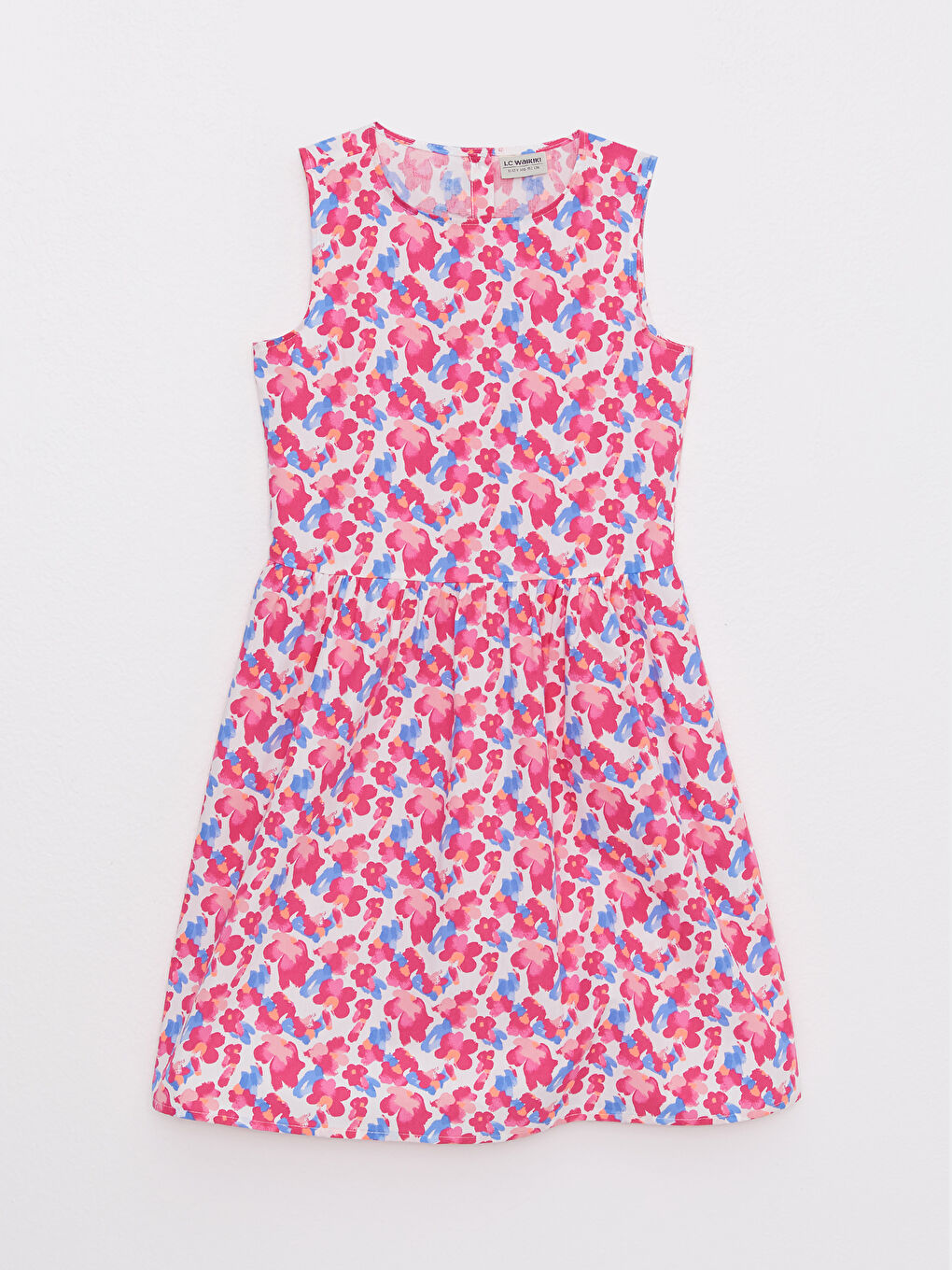 Crew Neck Patterned Poplin Girl Dress