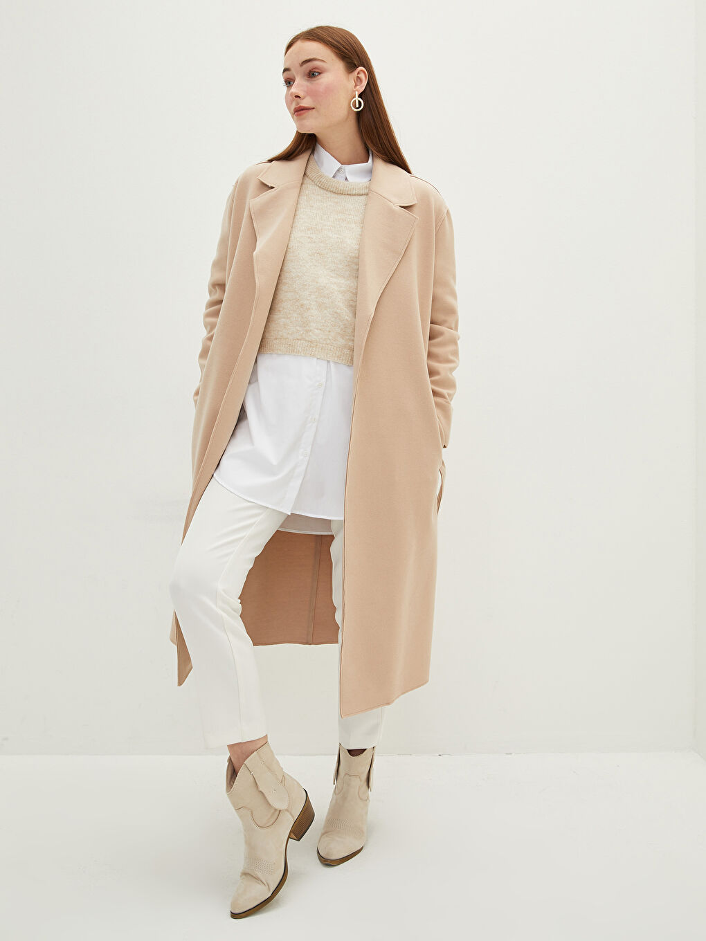LC Waikiki Jacket Collar Waist Belted Pocket Detailed Long Sleeve Women's Cachet Coat -S20401Z8-DDZ