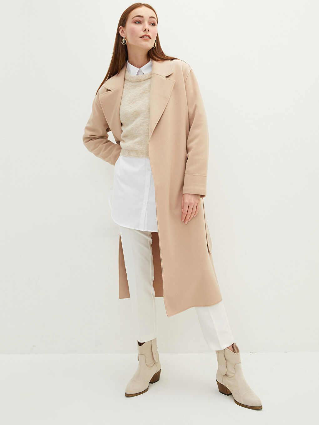 LC Waikiki Jacket Collar Waist Belted Pocket Detailed Long Sleeve Women's Cachet Coat -S20401Z8-DDZ