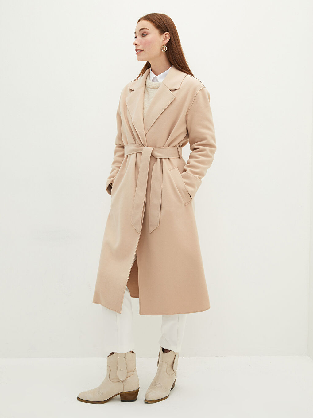 LC Waikiki Jacket Collar Waist Belted Pocket Detailed Long Sleeve Women's Cachet Coat -S20401Z8-DDZ