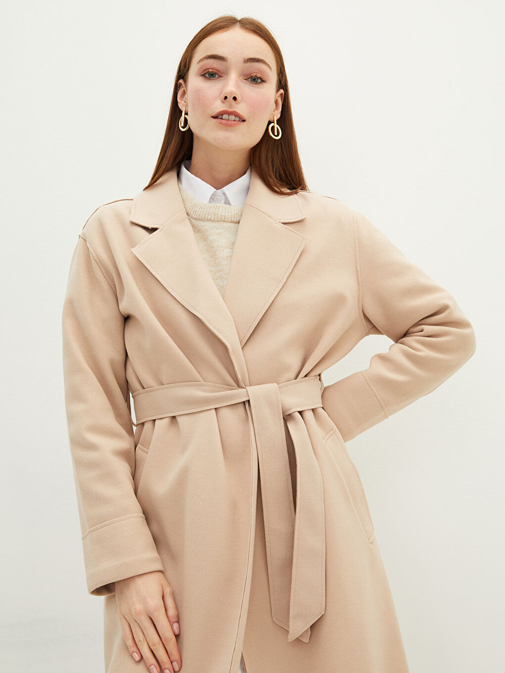 LC Waikiki Jacket Collar Waist Belted Pocket Detailed Long Sleeve Women's Cachet Coat -S20401Z8-DDZ