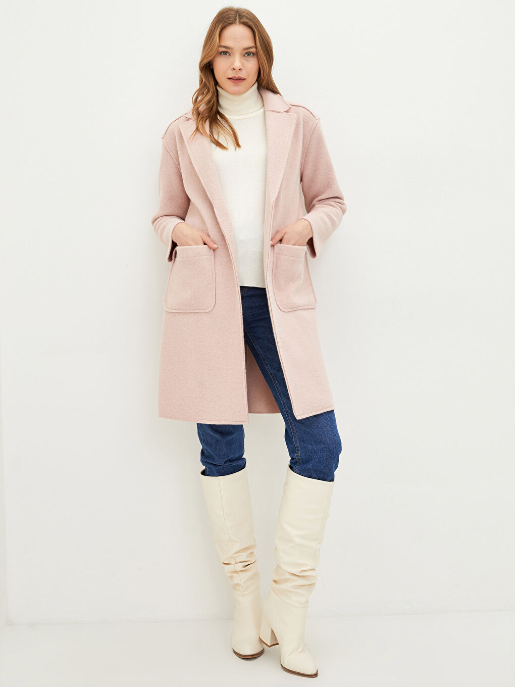 Pembe Ceket Yaka Beli Kuşaklı Cep Detaylı Uzun Kollu Kadın Kaşe Kaban