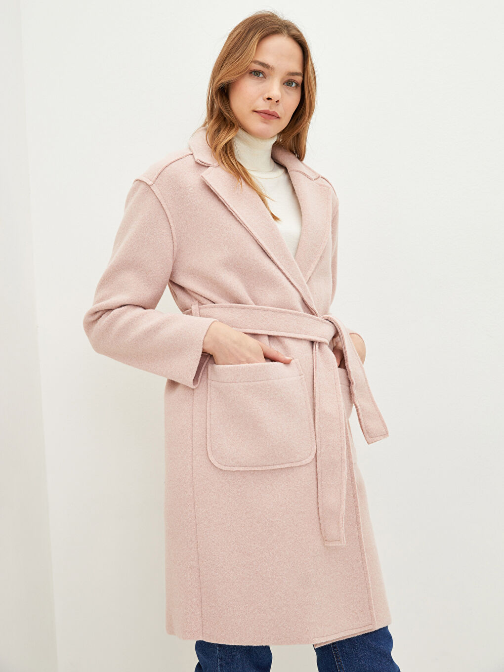 Pembe Ceket Yaka Beli Kuşaklı Cep Detaylı Uzun Kollu Kadın Kaşe Kaban-2