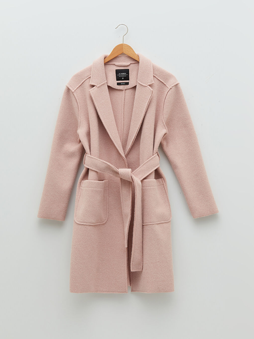 Pembe Ceket Yaka Beli Kuşaklı Cep Detaylı Uzun Kollu Kadın Kaşe Kaban-4