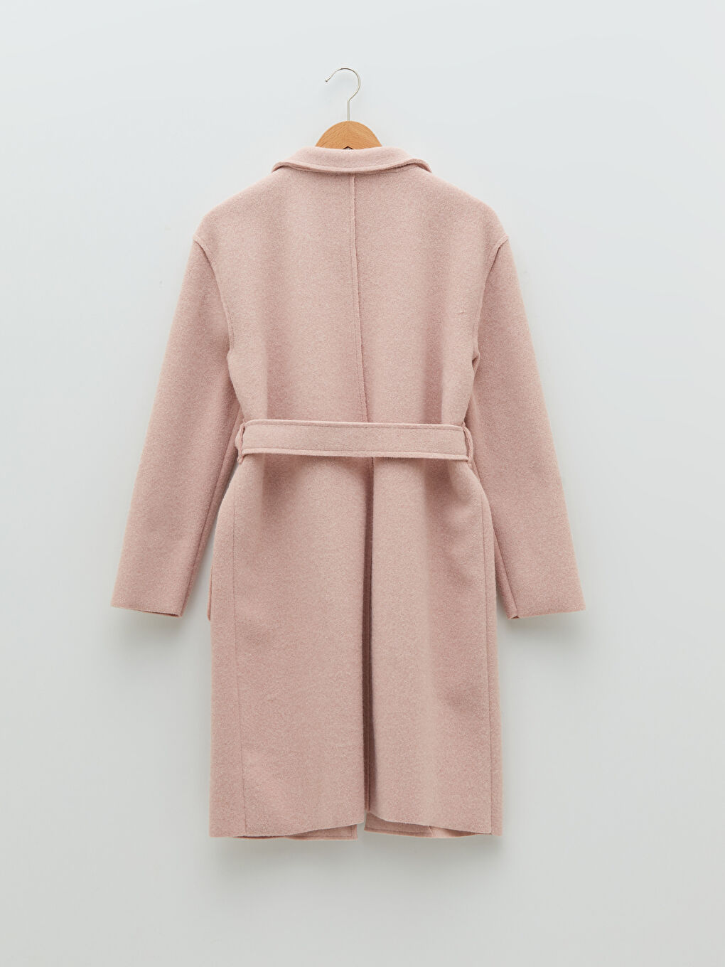 Pembe Ceket Yaka Beli Kuşaklı Cep Detaylı Uzun Kollu Kadın Kaşe Kaban-5