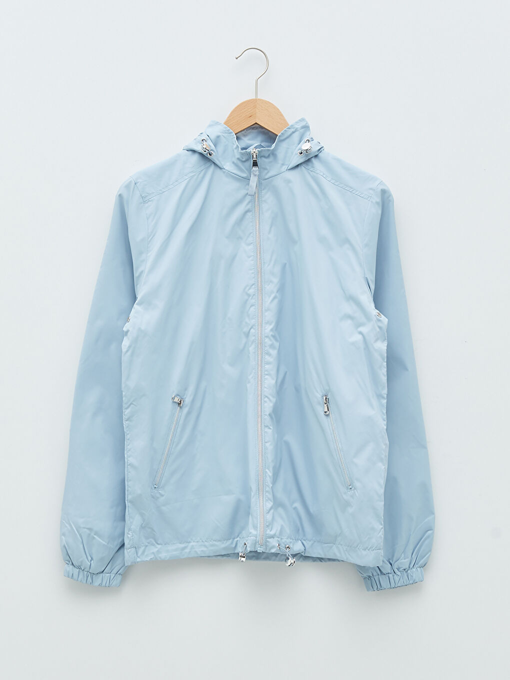 Mavi Kapüşonlu Düz Cep Detaylı Uzun Kollu Kadın Yağmurluk-6