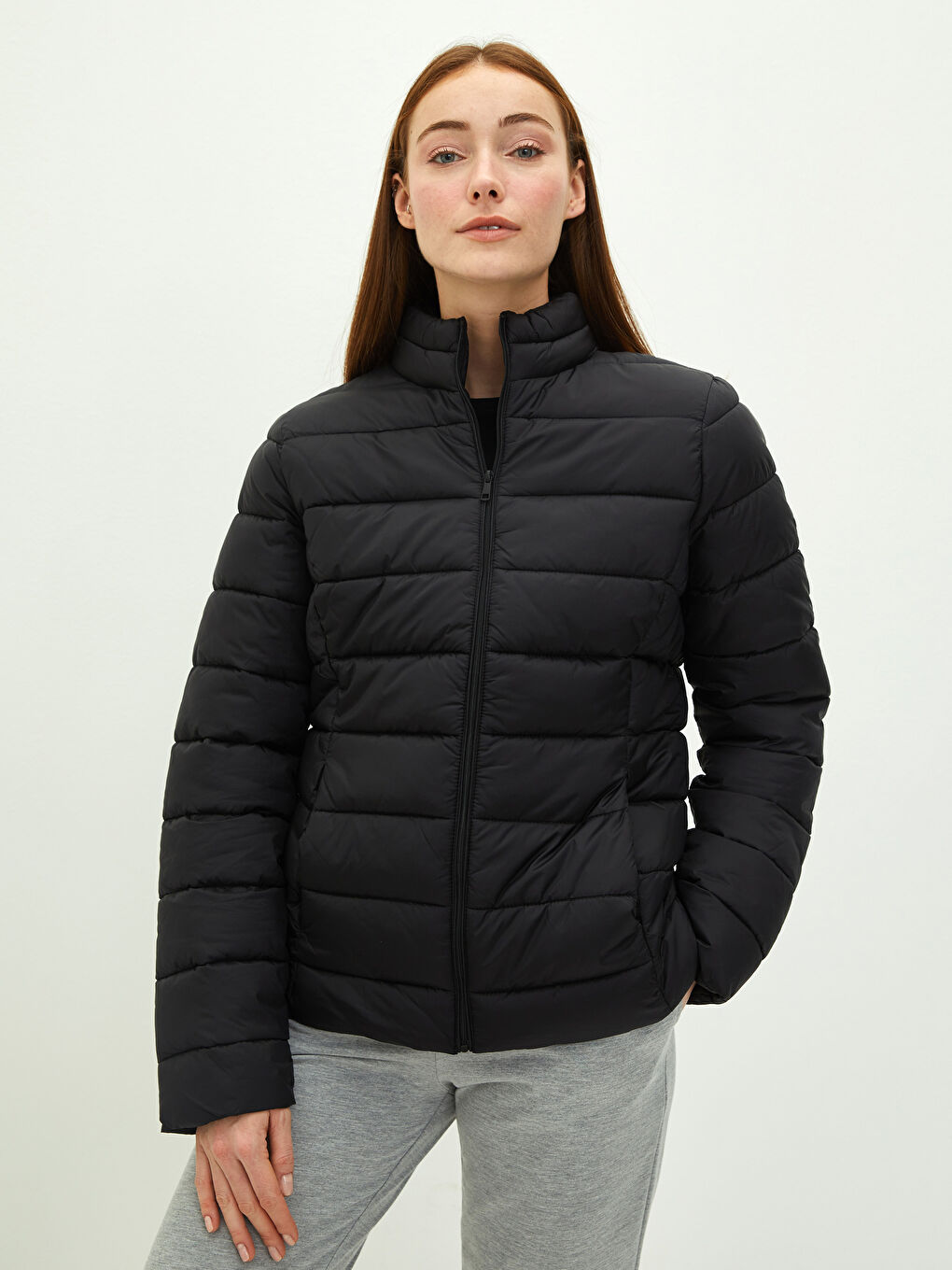 Vertical Collar Straight Long Sleeve Pocket Detail Thick Women's Inflatable Coat-1