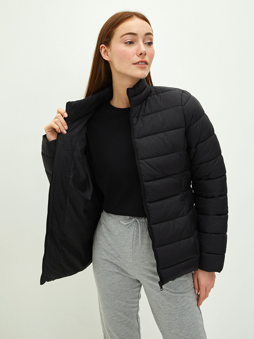 Vertical Collar Straight Long Sleeve Pocket Detail Thick Women's Inflatable Coat-2