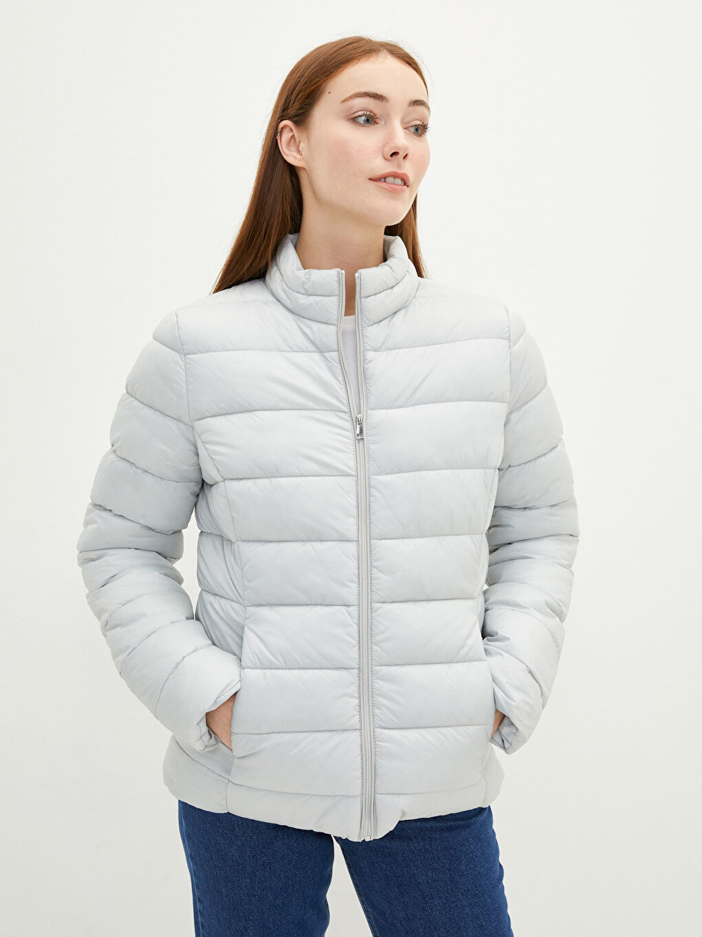 Geacă Matlasată Dama Groasă cu Guler Vertical, Mânecă Lungă Dreaptă și Buzunare