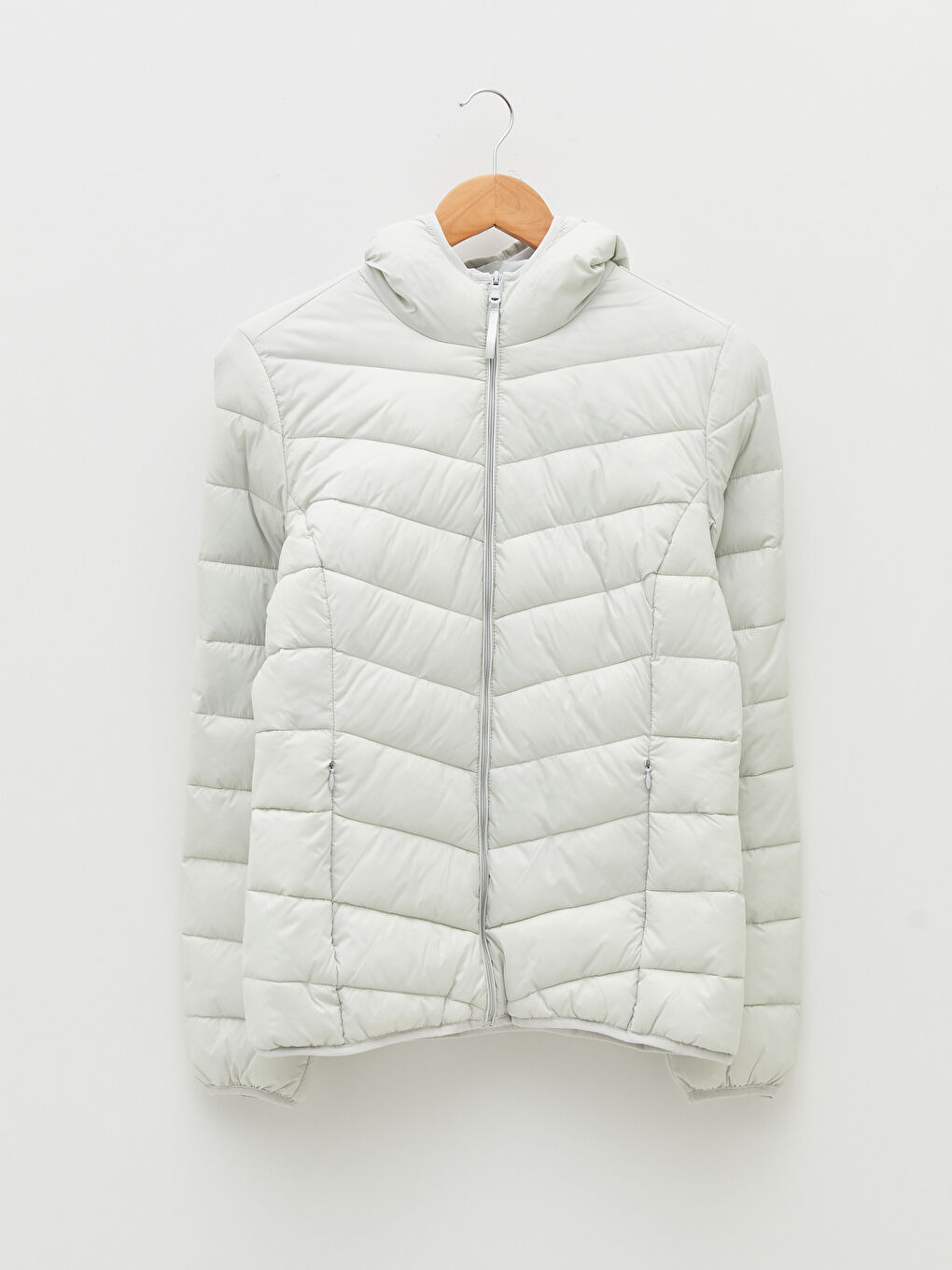 Gri Kapüşonlu Düz Uzun Kollu Cep Detaylı Kadın Şişme Mont-12