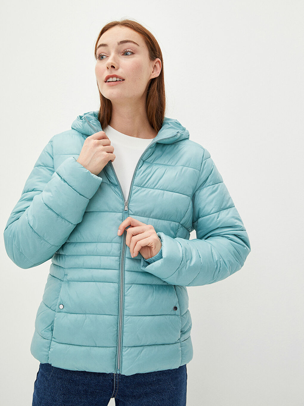 Geacă Matlasată pentru Femei cu Glugă, Mânecă Lungă, Detalii Buzunar, Simplă-1