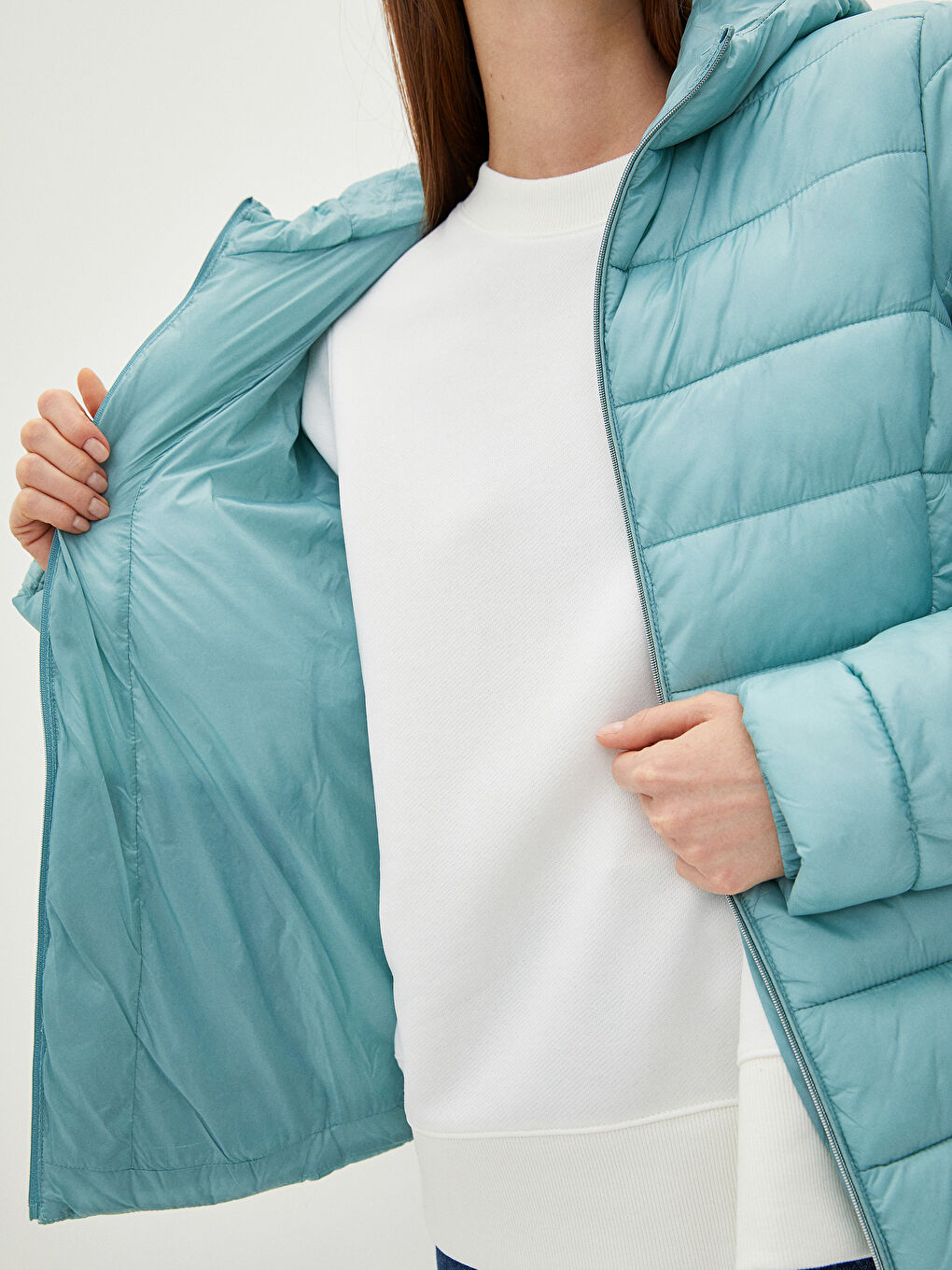 Geacă Matlasată pentru Femei cu Glugă, Mânecă Lungă, Detalii Buzunar, Simplă-4