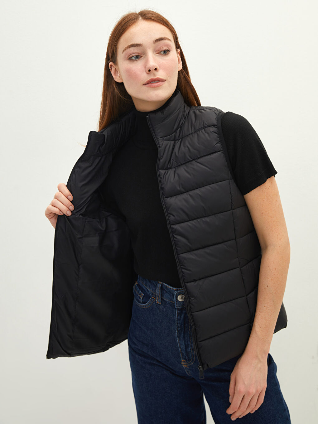 Stand Up Collar Plain Pocket Detailed Women's Inflatable Vest-3