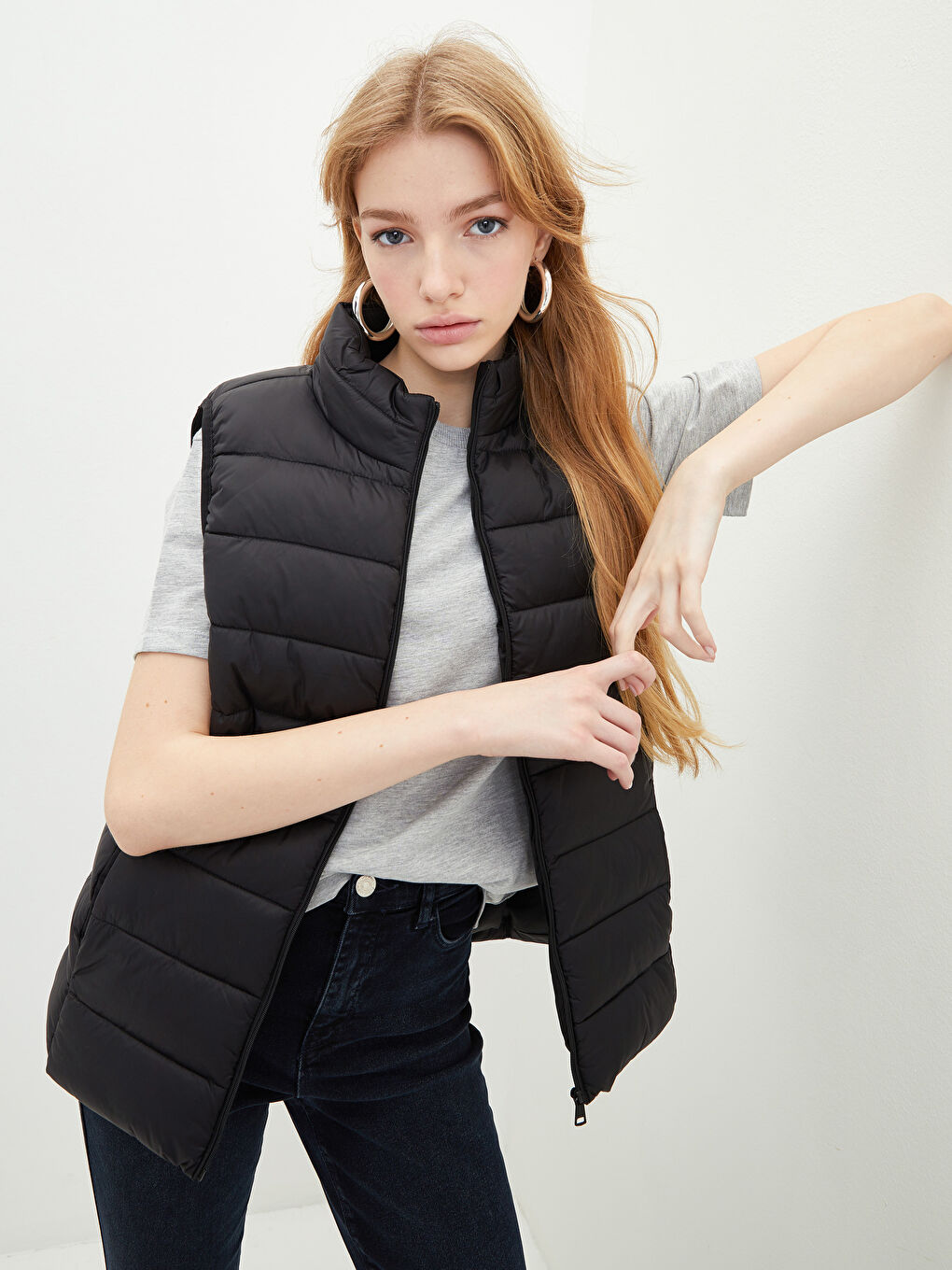 Stand Up Collar Plain Pocket Detailed Women's Inflatable Vest