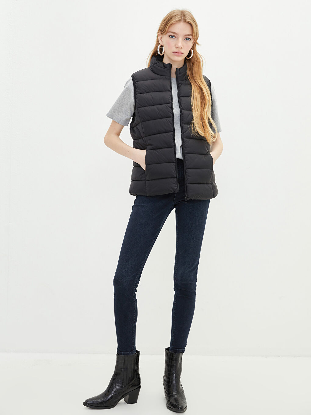 Stand Up Collar Plain Pocket Detailed Women's Inflatable Vest-6