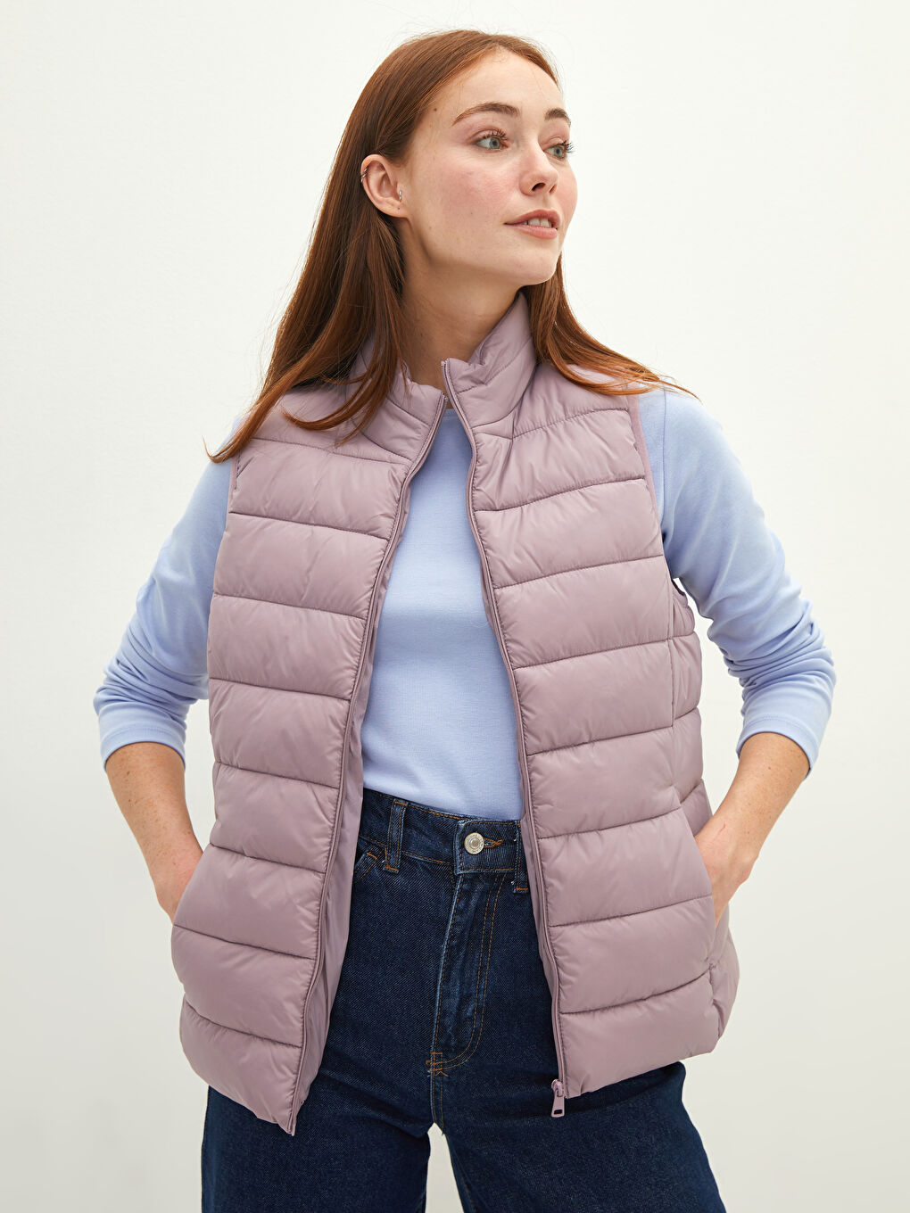 Mürdüm Dik Yaka Düz Cep Detaylı Kadın Şişme Yelek-1