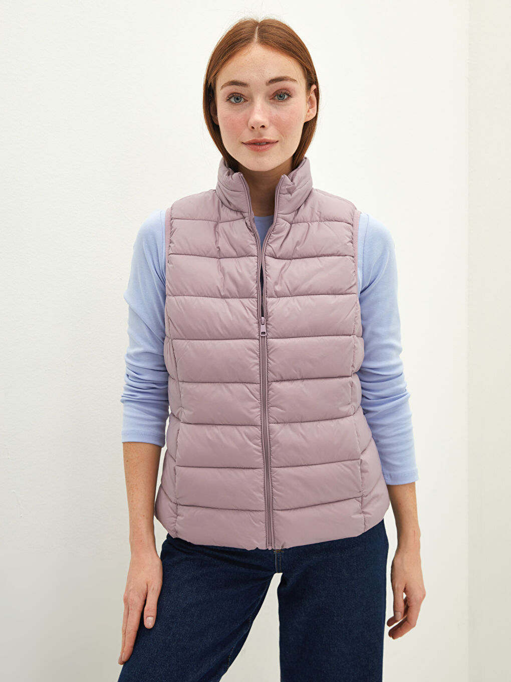 Mürdüm Dik Yaka Düz Cep Detaylı Kadın Şişme Yelek-3