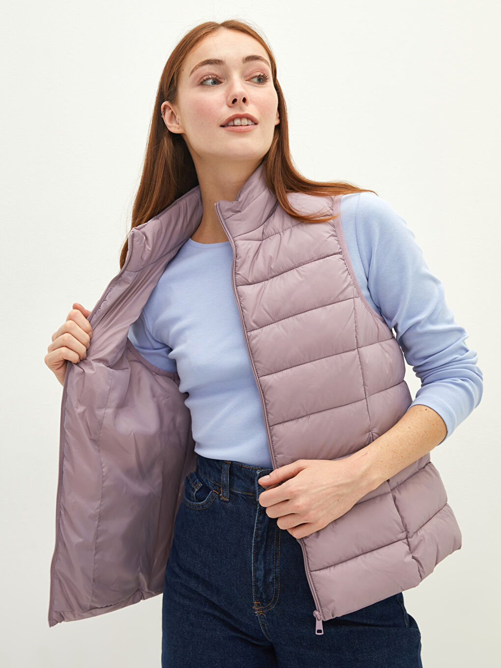 Mürdüm Dik Yaka Düz Cep Detaylı Kadın Şişme Yelek-7