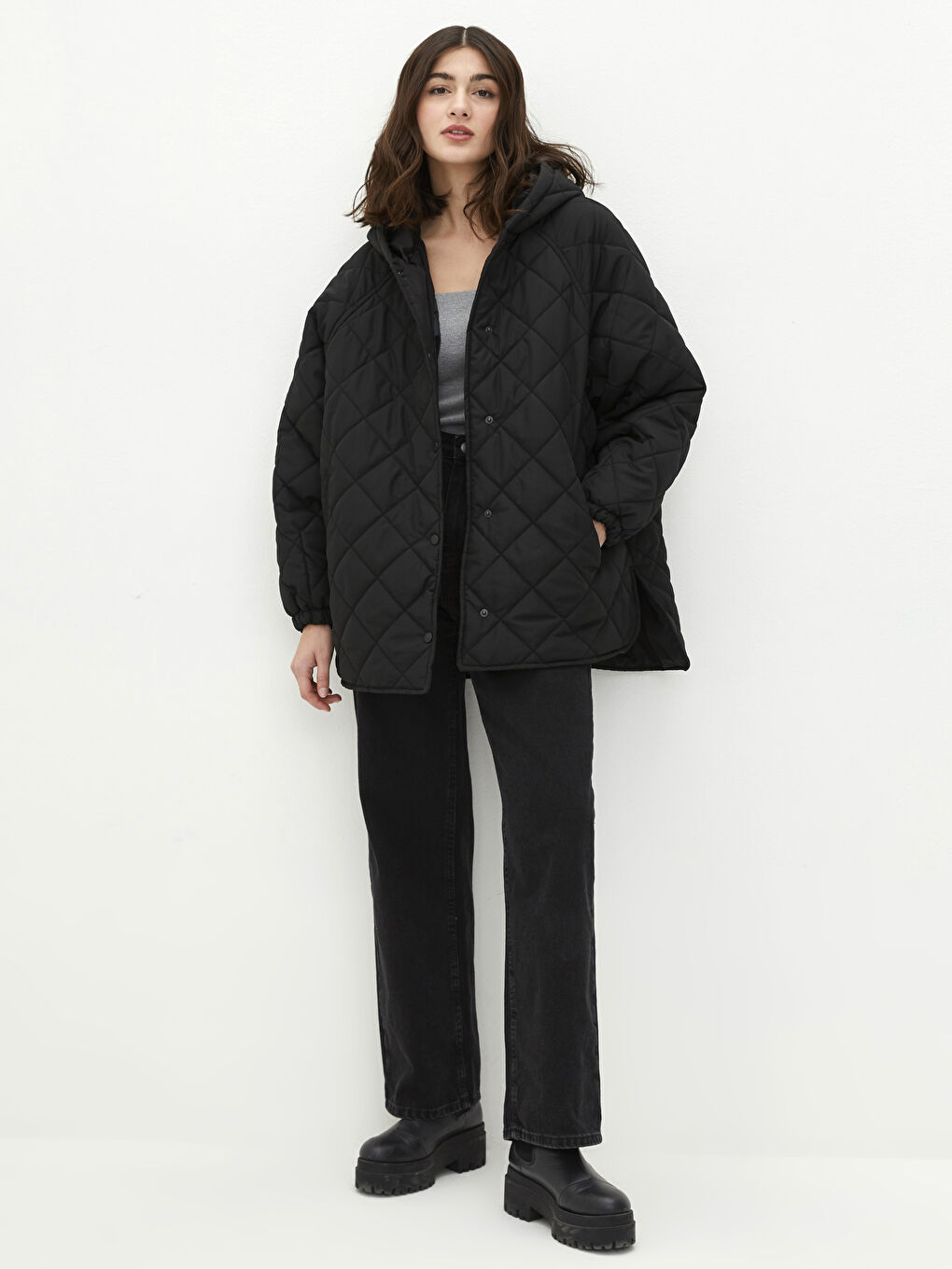 Geacă Matlasată Cu Model Cu Glugă Mânecă Lungă pentru Femei-2