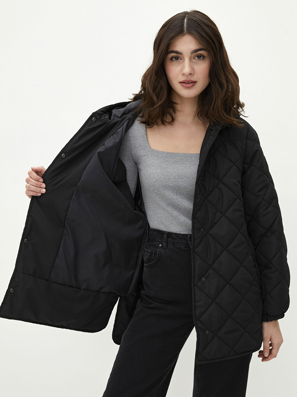 Geacă Matlasată Cu Model Cu Glugă Mânecă Lungă pentru Femei-3