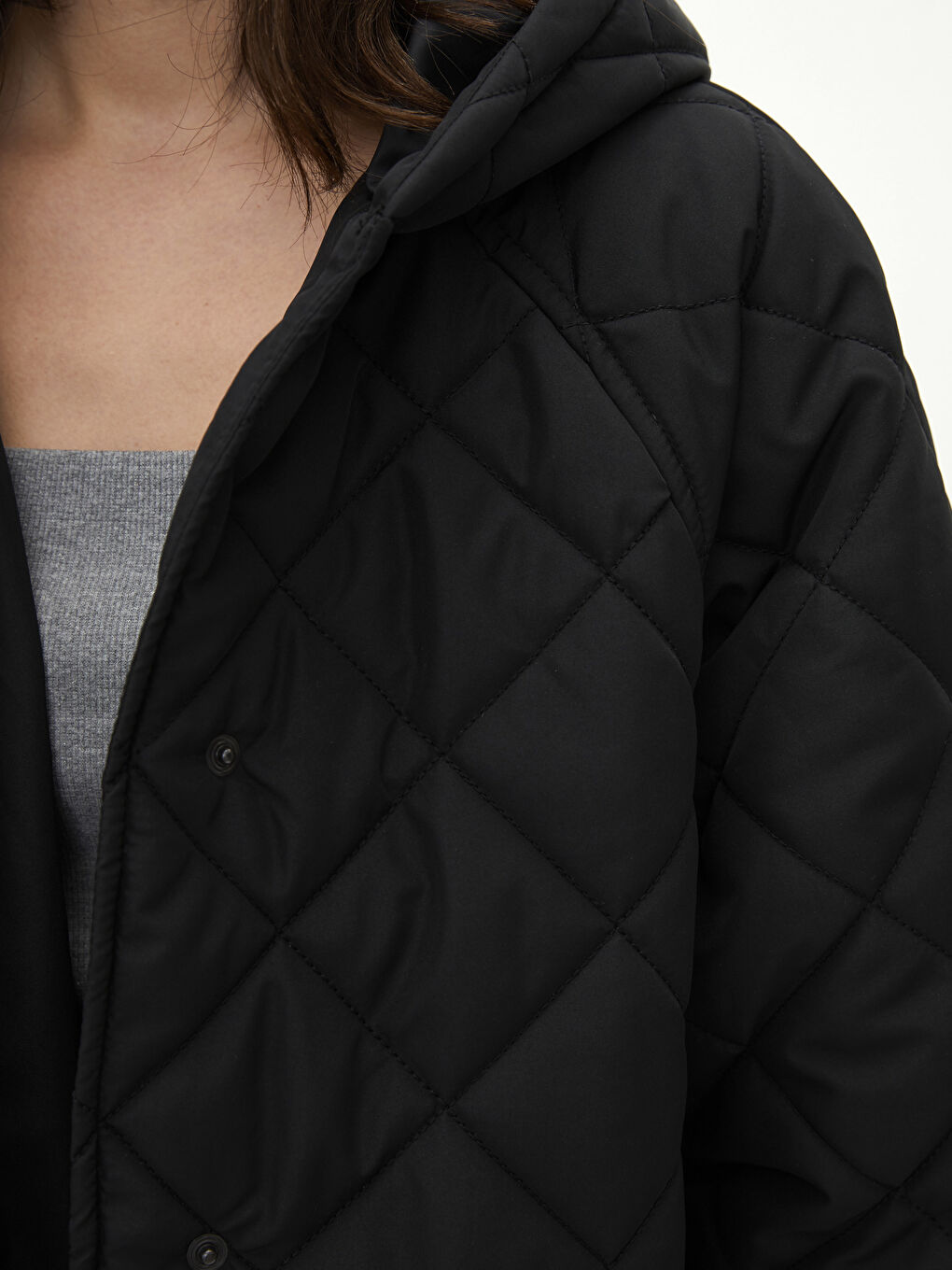 Geacă Matlasată Cu Model Cu Glugă Mânecă Lungă pentru Femei-4