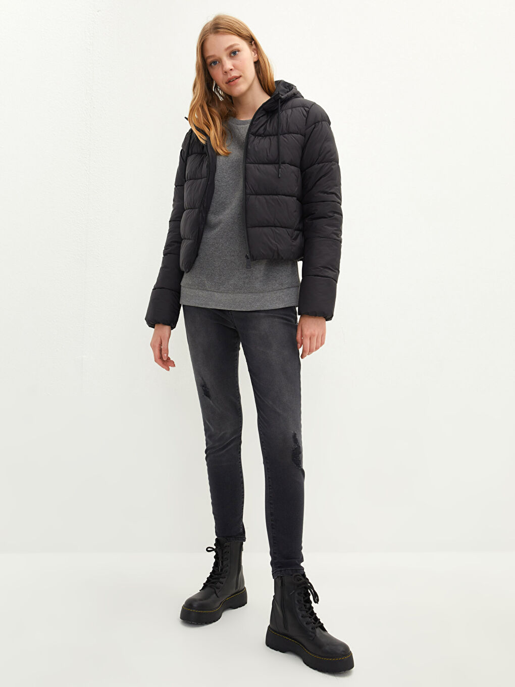 ქალებისთვის კაპიუშონიანი უბრალო დუტის ქურთუკი-2