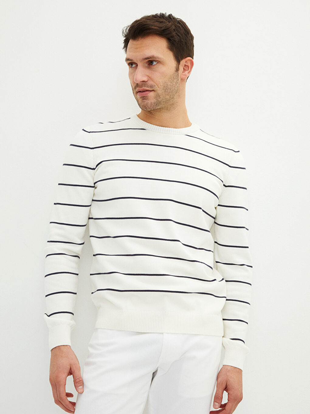 Beyaz Bisiklet Yaka Uzun Kollu Çizgili Erkek Triko Kazak-2