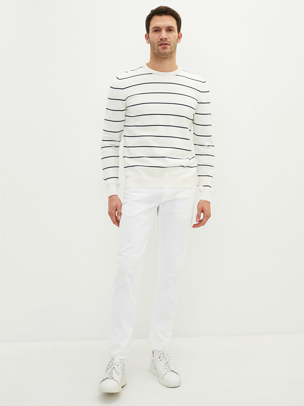 Beyaz Bisiklet Yaka Uzun Kollu Çizgili Erkek Triko Kazak-3