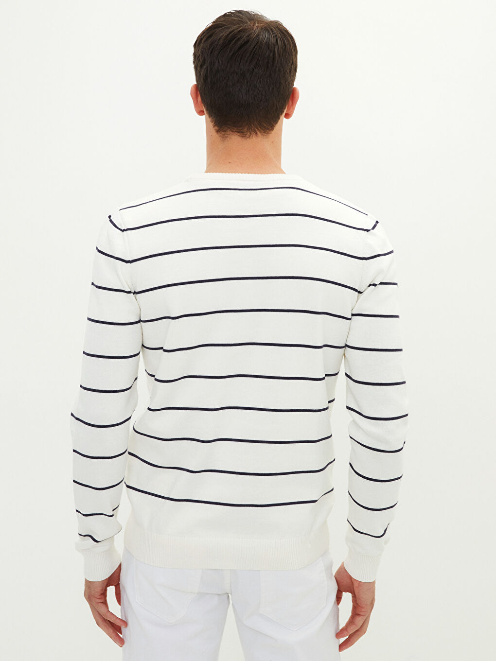 Beyaz Bisiklet Yaka Uzun Kollu Çizgili Erkek Triko Kazak-5