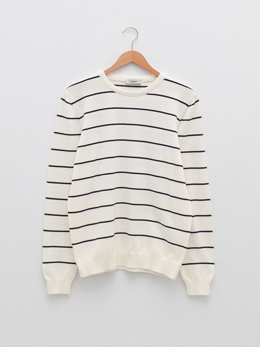 Beyaz Bisiklet Yaka Uzun Kollu Çizgili Erkek Triko Kazak-6