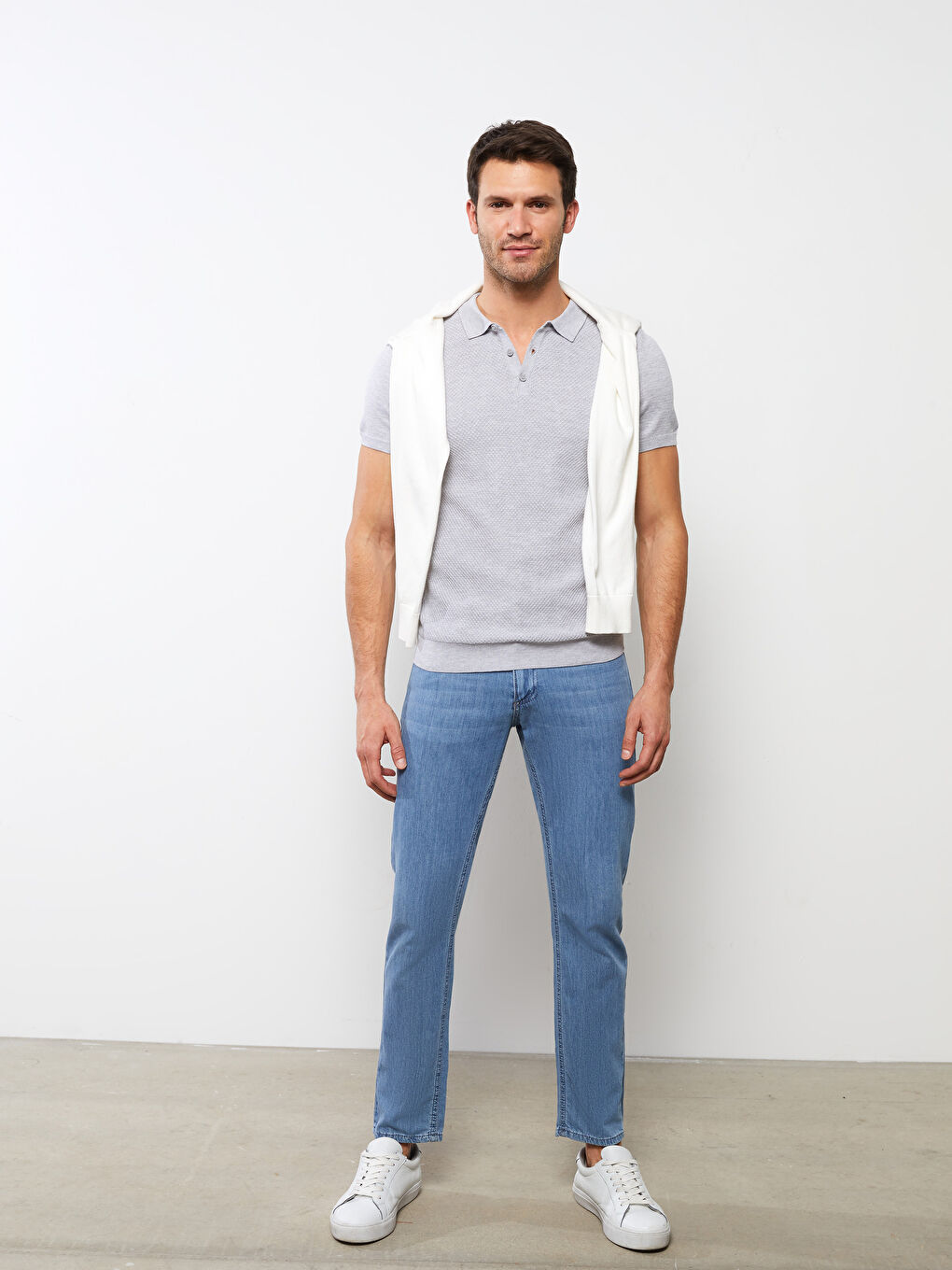 Gri Polo Yaka Kısa Kollu Erkek Triko Kazak