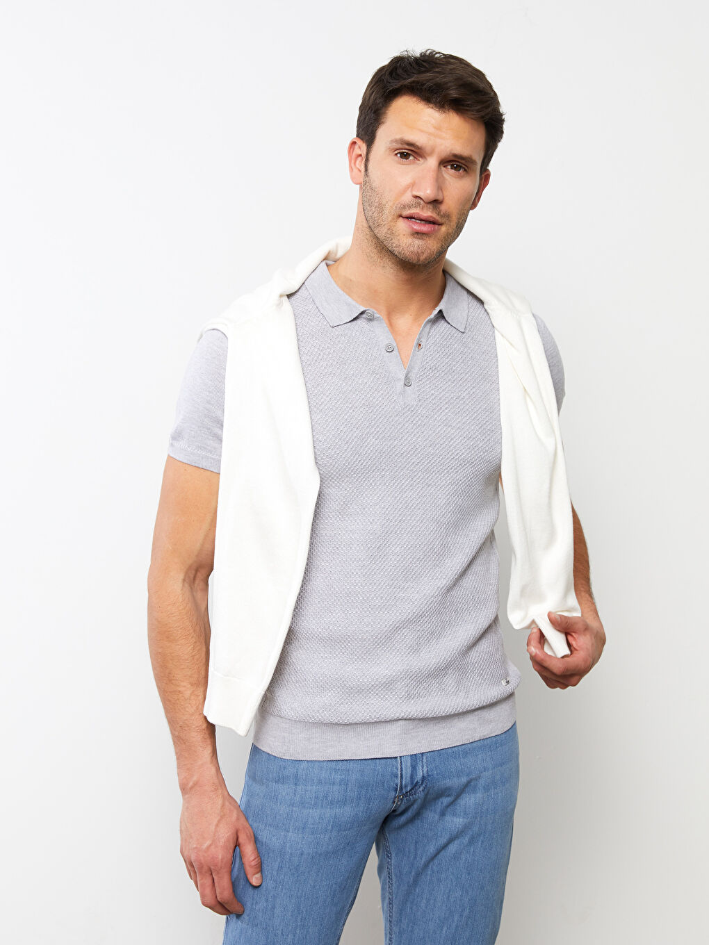 Gri Polo Yaka Kısa Kollu Erkek Triko Kazak-1