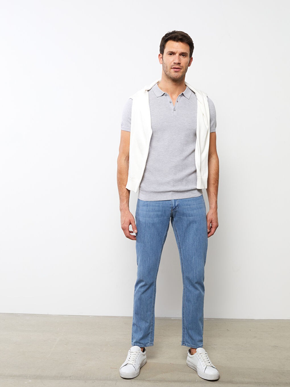 Gri Polo Yaka Kısa Kollu Erkek Triko Kazak-2