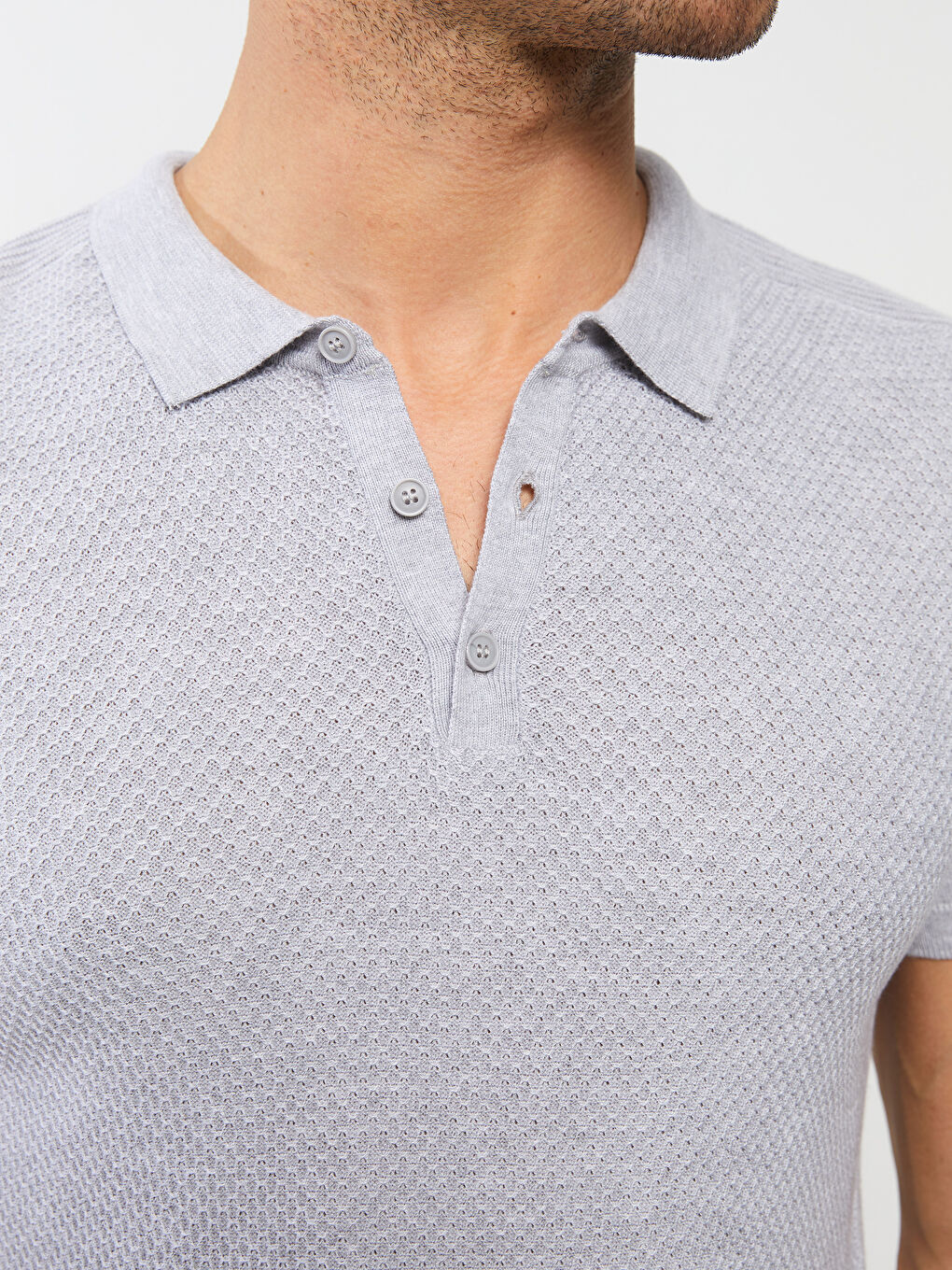 Gri Polo Yaka Kısa Kollu Erkek Triko Kazak-3