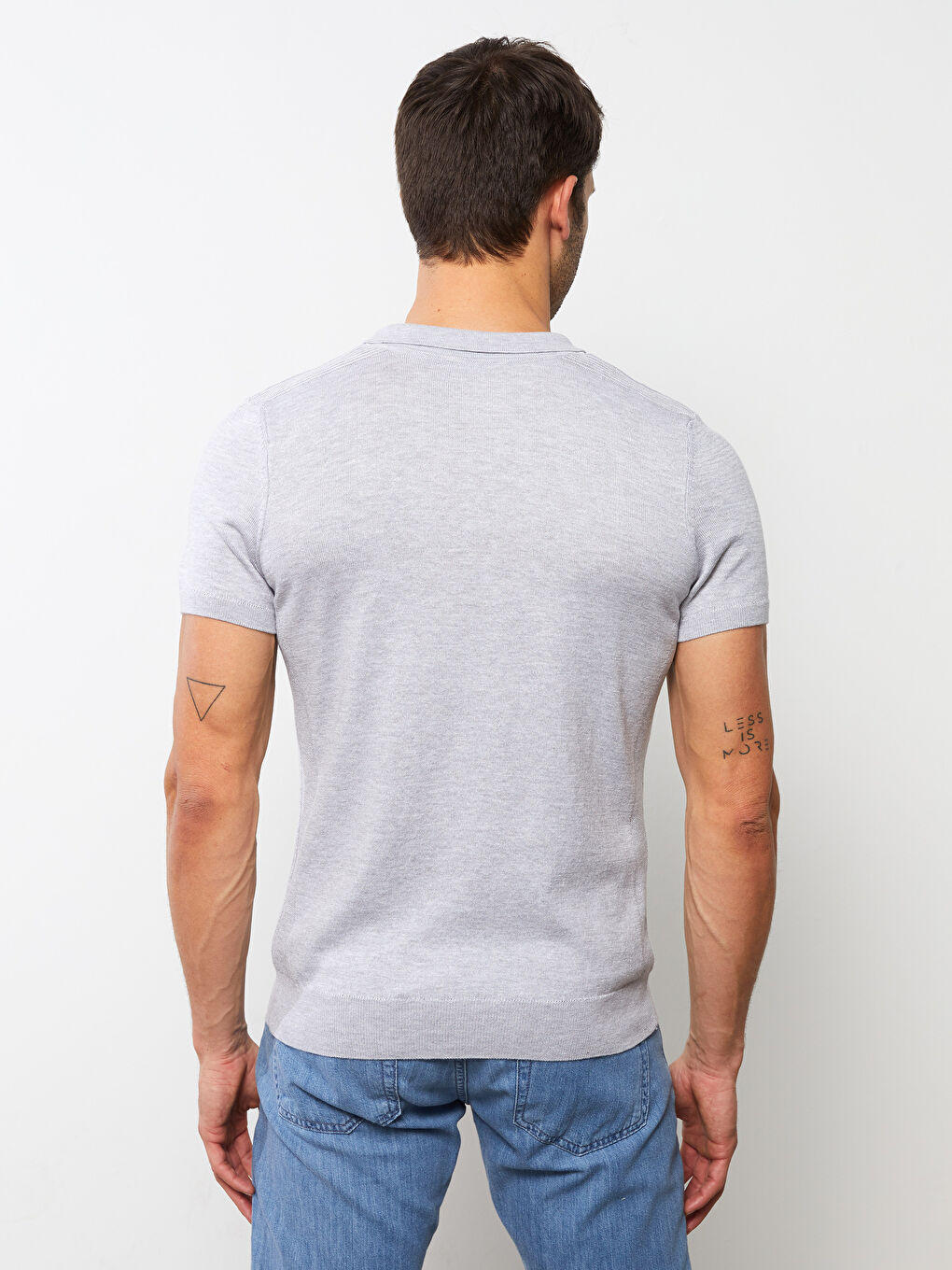 Gri Polo Yaka Kısa Kollu Erkek Triko Kazak-4