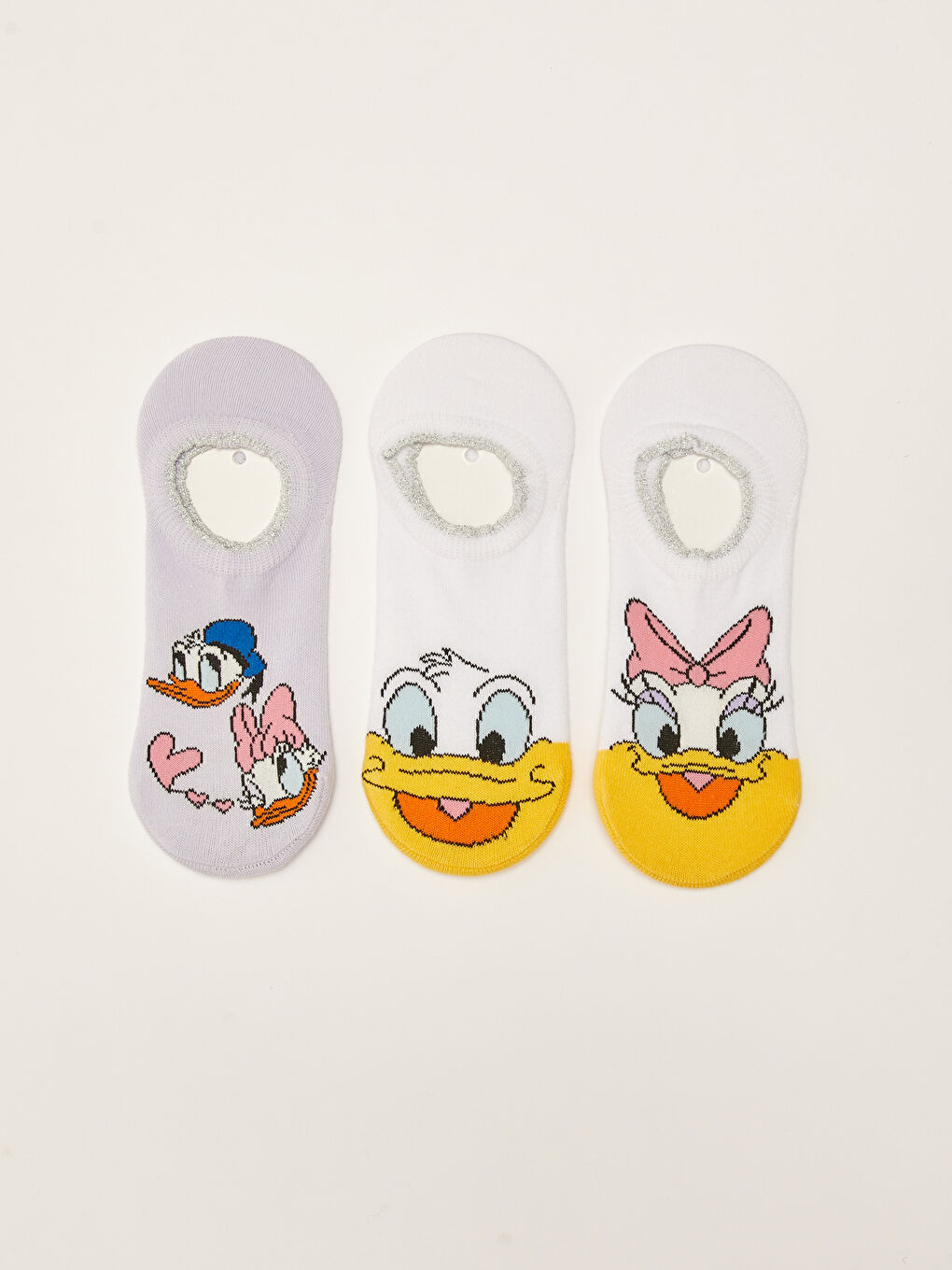 Ekru Donald Duck Baskılı Kadın Patik Çorap 3'lü Paket-1