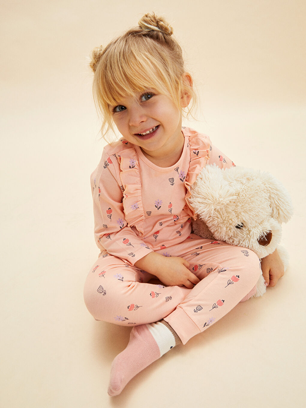 Crew Neck Long Sleeve Printed Baby Girls' Pyjama Set-1